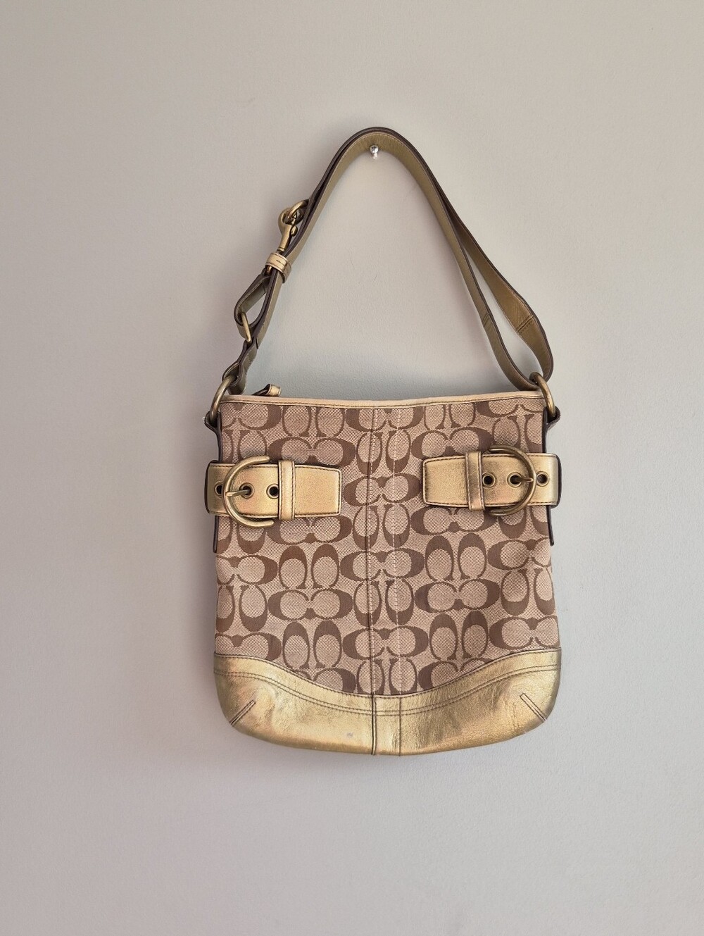 Coach Tan Signature Canvas Shoulder Bag with Gold Accents